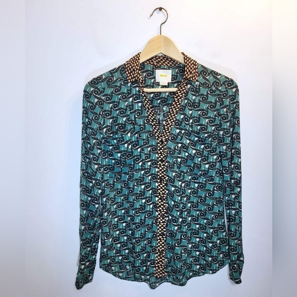 Anthropologie Maeve Casia Henley Green Geometric Button Front Shirt - Picture 4 of 4